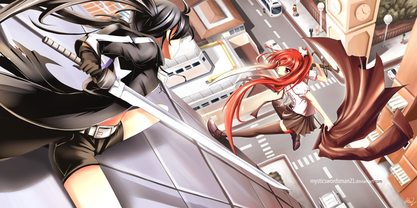 Anime picture 3000x1500 with black rock shooter shakugan no shana j.c. staff black rock shooter (character) shana mystic (mysticswordsman21) miyahoshi long hair fringe highres black hair red eyes wide image twintails multiple girls ponytail red hair back city cityscape