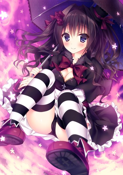 Anime picture 723x1023 with original sorai shin'ya single long hair tall image looking at viewer blush blue eyes light erotic black hair girl thighhighs dress underwear panties hat shoes black dress black panties umbrella