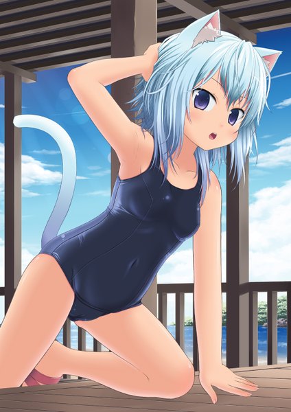 Anime picture 1000x1414 with original amamiya minato single tall image short hair open mouth blue eyes light erotic animal ears blue hair cat ears cat girl cat tail girl swimsuit one-piece swimsuit school swimsuit