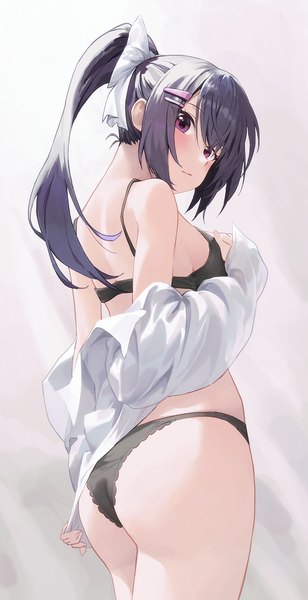 Anime picture 891x1733 with original kawaii hito single long hair tall image looking at viewer blush fringe breasts light erotic simple background hair between eyes standing payot purple hair ass ponytail pink eyes looking back from behind
