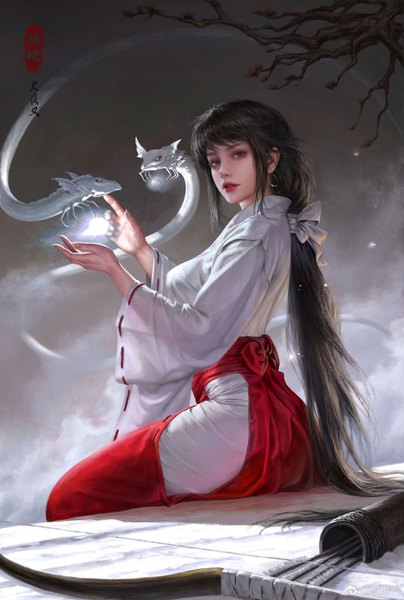 Anime picture 3500x5194 with inuyasha kikyou (inuyasha) jiayuan song single long hair tall image looking at viewer fringe highres black hair sitting brown eyes payot absurdres traditional clothes parted lips japanese clothes lips realistic wide sleeves