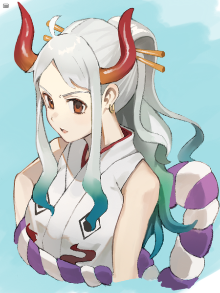 Anime picture 1668x2224 with one piece toei animation yamato (one piece) chemi (kiramoto2115) single long hair tall image red eyes payot silver hair upper body ahoge ponytail horn (horns) sleeveless portrait girl earrings hairpin (hairpins)