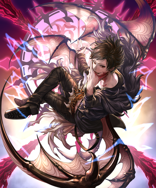 Anime picture 1250x1500 with granblue fantasy belial (granblue fantasy) mega (artist) single tall image looking at viewer short hair black hair smile red eyes holding full body bent knee (knees) from above crossed legs magic soles demon wings licking blood on face