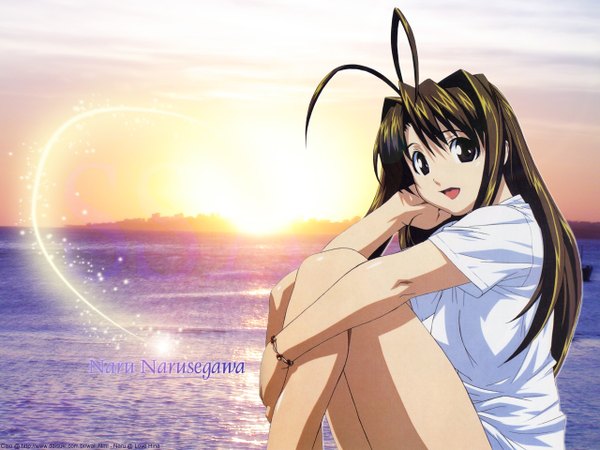 Anime picture 1280x960 with love hina narusegawa naru single long hair looking at viewer fringe open mouth brown hair sitting sky cloud (clouds) ahoge sparkle grey eyes character names adjusting hair evening sunset leg hug girl