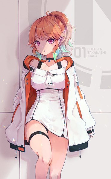 Anime picture 1257x2034 with virtual youtuber hololive hololive english takanashi kiara morikome (moririce) single tall image short hair bent knee (knees) ponytail pink eyes orange hair open jacket :o copyright name character names shaded face hand in pocket against wall girl