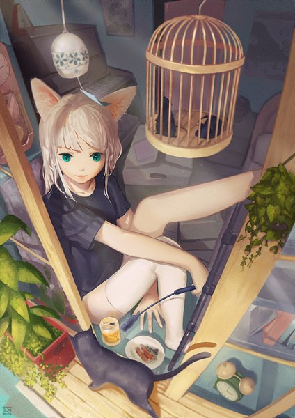 Anime-Bild 750x1061 mit original qianjing single tall image short hair smile sitting green eyes animal ears white hair indoors from above cat ears leg lift (legs lift) girl thighhighs animal white thighhighs food book (books)