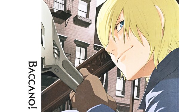 Anime picture 1680x1050 with baccano! graham spector enami katsumi blue eyes blonde hair smile wide image scan city boy wrench
