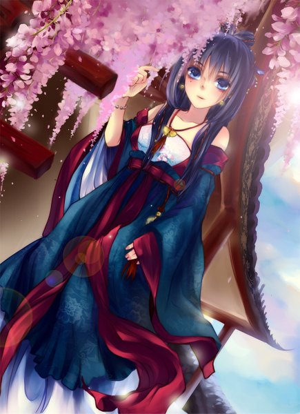 Anime picture 1000x1379 with original liiko single long hair tall image blue eyes bare shoulders blue hair traditional clothes girl dress hair ornament flower (flowers) detached sleeves petals