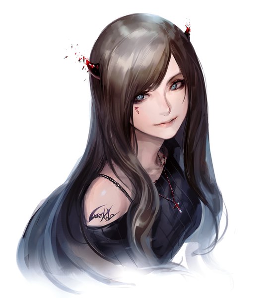 Anime picture 1351x1500 with original luen kulo single long hair tall image fringe blue eyes simple background brown hair white background signed looking away upper body horn (horns) lips off shoulder tattoo facial mark portrait dissolving