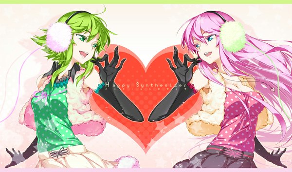 Anime picture 1018x600 with vocaloid happy synthesizer (vocaloid) megurine luka gumi hong (white spider) long hair short hair open mouth wide image bare shoulders multiple girls green eyes pink hair ahoge aqua eyes green hair girl gloves 2 girls black gloves