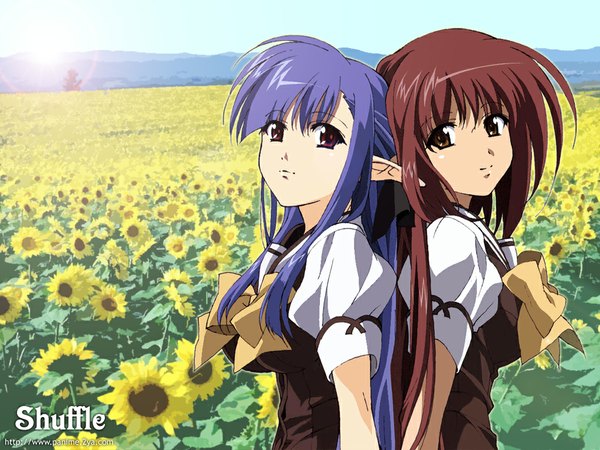 Anime picture 1024x768 with shuffle! lisianthus nerine long hair looking at viewer fringe smile red eyes brown hair multiple girls brown eyes purple hair pointy ears wallpaper back to back field girl uniform flower (flowers) 2 girls