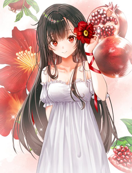 Anime picture 1700x2231 with original pora 0918 single long hair tall image looking at viewer fringe breasts black hair simple background smile red eyes standing bare shoulders cleavage arm up hair flower mole sparkle mole under eye
