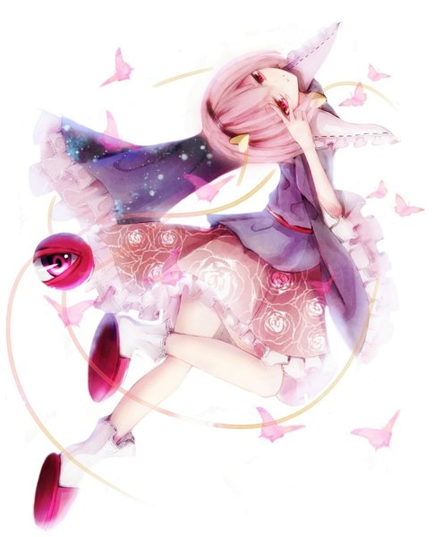 Anime picture 1335x1650 with touhou komeiji satori basilis9 single tall image looking at viewer short hair simple background white background pink hair pink eyes floral print weightlessness girl skirt shoes frills hairband insect butterfly