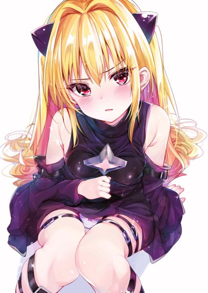 Anime picture 1534x2165 with toloveru toloveru darkness xebec konjiki no yami rouka (akatyann) single long hair tall image looking at viewer blush fringe light erotic simple background blonde hair red eyes white background sitting bare shoulders animal ears parted lips