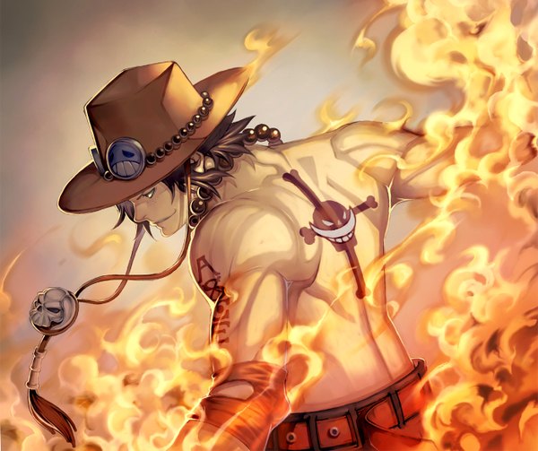 Anime picture 1396x1172 with one piece toei animation portgas d. ace katsutake single short hair brown hair brown eyes tattoo back topless muscle boy hat necklace fire skull