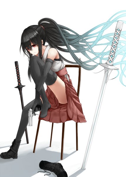 Anime picture 1000x1400 with original azure luna single tall image black hair simple background red eyes white background ponytail very long hair girl thighhighs gloves weapon black thighhighs sword elbow gloves boots katana gun
