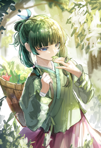Anime picture 2700x3955 with kusuriya no hitorigoto maomao (kusuriya no hitorigoto) heyshikikan single long hair tall image fringe highres blue eyes twintails looking away upper body outdoors blunt bangs traditional clothes green hair dutch angle eating freckles sketch
