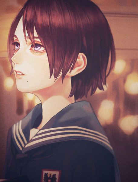 Anime picture 622x818 with original fioletovyy single tall image fringe short hair brown hair looking away upper body parted lips mole grey eyes depth of field mole under mouth girl uniform serafuku emblem