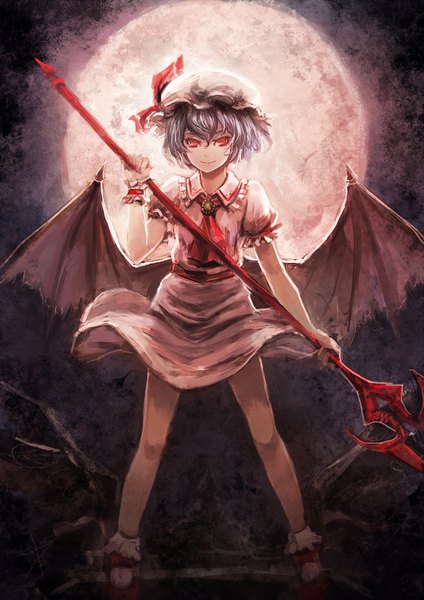 Anime picture 1200x1697 with touhou remilia scarlet bryanth single tall image short hair smile red eyes standing silver hair bat wings girl dress weapon wings moon bonnet spear the gungnir