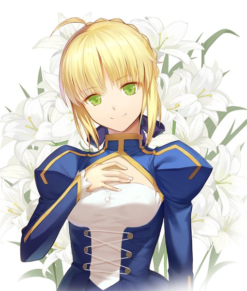 Anime picture 850x1000 with fate (series) fate/stay night artoria pendragon (all) saber vmax-ver (a3eilm2s2y) single tall image looking at viewer short hair simple background blonde hair smile white background green eyes ahoge braid (braids) head tilt puffy sleeves hand on chest side braid
