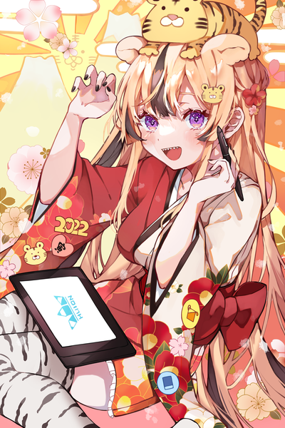 Anime picture 3000x4500 with original huion kuramiko single long hair tall image highres open mouth blonde hair sitting purple eyes animal ears nail polish traditional clothes :d japanese clothes multicolored hair streaked hair wariza new year