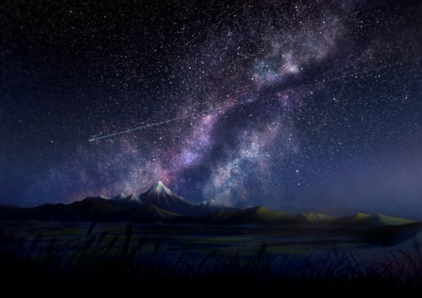 Anime-Bild 2866x2026 mit original arukiru highres night depth of field night sky horizon mountain no people scenic shooting star field milky way star (stars)