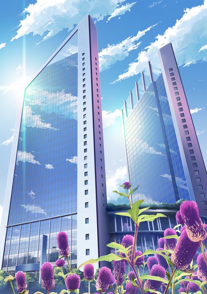 Anime picture 1500x2121 with original solafin tall image sky cloud (clouds) sunlight reflection no people sunbeam scenic flower (flowers) building (buildings) skyscraper