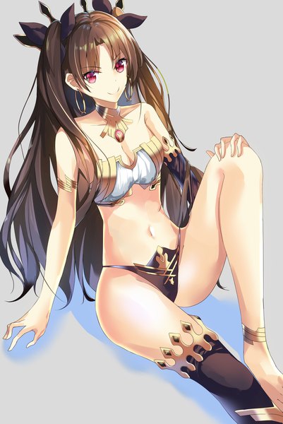 Anime picture 1143x1710 with fate (series) fate/grand order ishtar (fate) tsukise miwa single long hair tall image looking at viewer breasts light erotic simple background smile red eyes brown hair sitting cleavage grey background two side up hand on knee girl