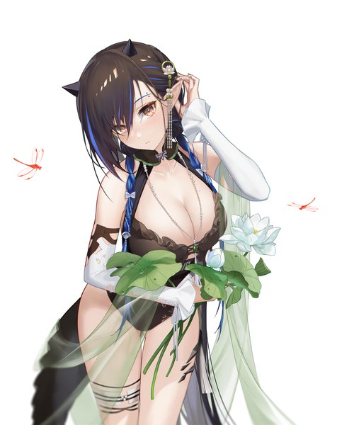 Anime picture 3700x4668 with arknights blacknight (arknights) blacknight (summer flowers) (arknights) ash-c single long hair tall image looking at viewer highres breasts light erotic black hair simple background large breasts white background brown eyes absurdres multicolored hair horn (horns) pointy ears