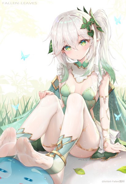 Anime picture 2250x3295 with genshin impact nahida (genshin impact) slime (genshin impact) fallen-leaves single long hair tall image blush fringe highres breasts light erotic hair between eyes sitting green eyes signed looking away silver hair bent knee (knees) outdoors
