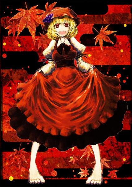 Anime picture 1000x1412 with touhou aki minoriko akasia single tall image short hair open mouth blonde hair red eyes barefoot skirt hold girl skirt bonnet autumn leaves