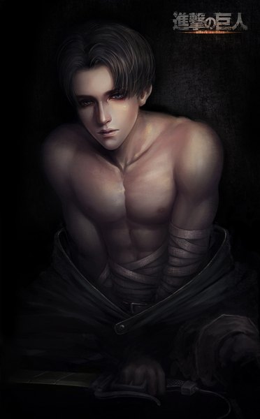 Anime picture 1000x1613 with shingeki no kyojin production i.g levi (rivaille) c togi single tall image looking at viewer short hair blue eyes light erotic black hair nipples inscription dark background muscle boy weapon sword cape bandage (bandages)