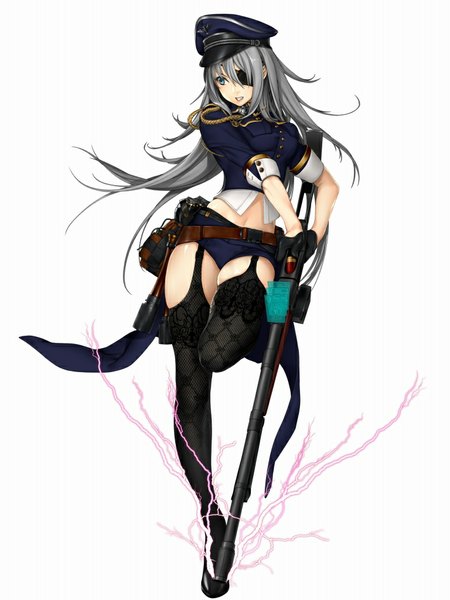 Anime picture 768x1024 with original tagme (artist) long hair tall image breasts simple background white background holding grey hair midriff grey eyes thighhighs gloves navel uniform weapon black thighhighs black gloves shoes shorts