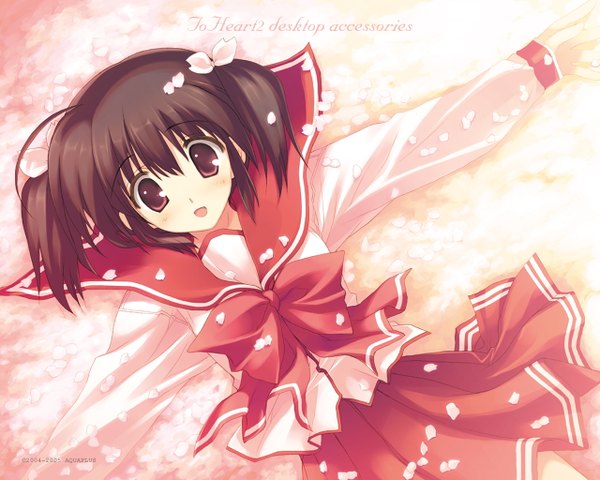 Anime picture 1280x1024 with to heart 2 leaf (studio) yuzuhara konomi mitsumi misato single looking at viewer fringe short hair hair between eyes brown hair twintails brown eyes lying long sleeves pleated skirt from above on back short twintails spread arms girl