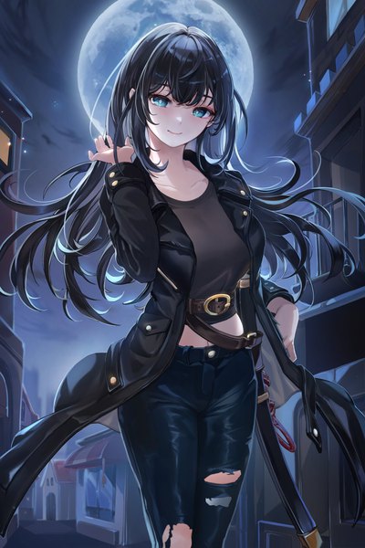 Anime picture 1200x1800 with original zerocat single long hair tall image looking at viewer fringe blue eyes black hair smile standing outdoors blunt bangs long sleeves arm up night night sky torn clothes sheathed girl