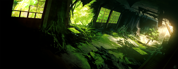 Anime picture 1964x763 with original mocha (cotton) highres wide image signed sunlight no people ruins broken plant (plants) tree (trees) window building (buildings) stairs