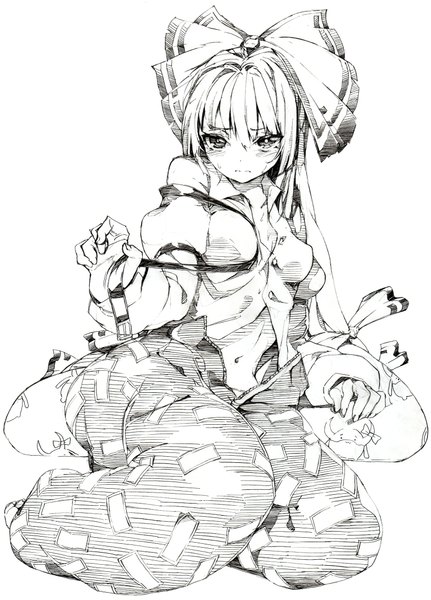 Anime picture 1564x2177 with touhou fujiwara no mokou oshake single long hair tall image looking at viewer blush simple background white background sitting monochrome undressing sketch girl navel bow hair bow pants blouse