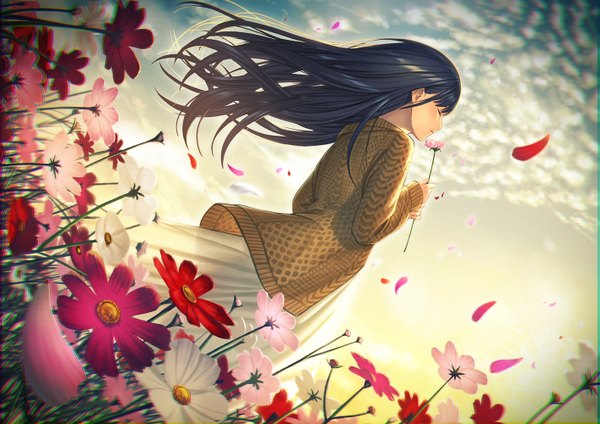 Anime picture 1415x1000 with original unowen single long hair fringe black hair standing holding sky cloud (clouds) eyes closed long sleeves profile wind from below dutch angle evening girl dress flower (flowers)