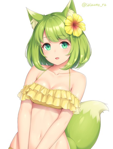 Anime picture 640x840 with original sasaame single tall image looking at viewer blush fringe short hair breasts open mouth light erotic simple background smile white background green eyes signed animal ears cleavage upper body tail