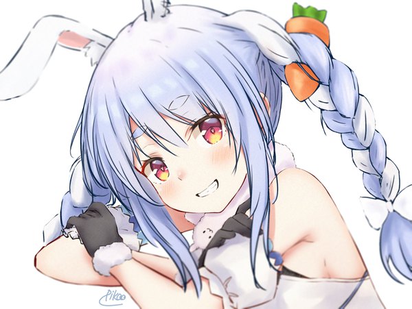 Anime picture 2977x2242 with virtual youtuber hololive usada pekora usada pekora (1st costume) pikao single long hair blush highres simple background smile red eyes white background signed animal ears blue hair braid (braids) multicolored hair two-tone hair bunny ears