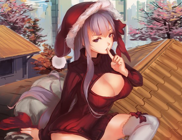 Anime picture 1280x985 with fate (series) fate/stay night type-moon matou sakura saimon ma single long hair looking at viewer breasts light erotic large breasts sitting purple eyes cleavage purple hair arm support fur trim finger to mouth christmas girl