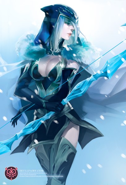 Anime picture 700x1029 with league of legends ashe (league of legends) ippus single tall image short hair breasts blue eyes large breasts standing holding blue hair looking away cleavage profile lips zettai ryouiki snowing crossed arms girl