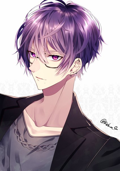 Anime picture 1448x2048 with original ksb_x4 single tall image looking at viewer fringe short hair simple background hair between eyes purple eyes signed purple hair upper body parted lips mole twitter username piercing ear piercing mole under mouth boy