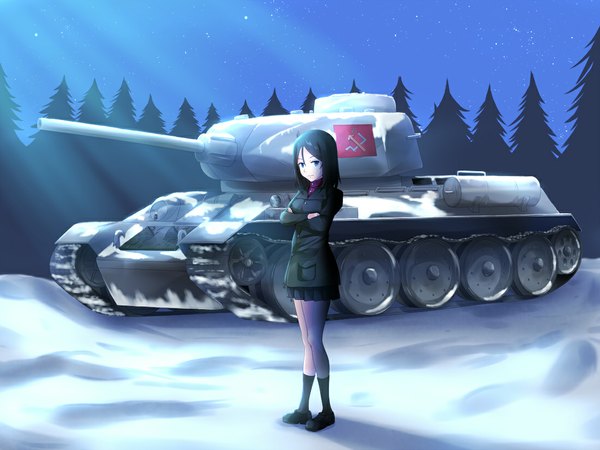 Anime picture 1100x825 with girls und panzer nonna (girls und panzer) miro (mmmyyyy) single long hair looking at viewer blue eyes black hair smile sky night winter snow girl uniform weapon plant (plants) school uniform tree (trees) star (stars)