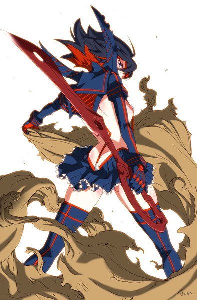 Anime picture 650x990 with kill la kill studio trigger matoi ryuuko oono tsutomu single tall image looking at viewer short hair breasts blue eyes light erotic black hair simple background white background signed ahoge ass red hair looking back multicolored hair