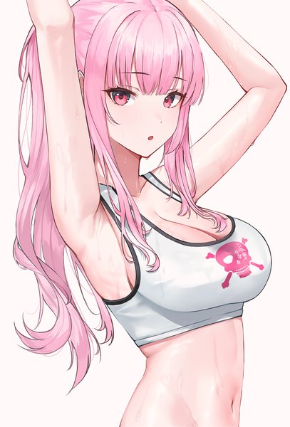 Anime picture 1200x1768 with virtual youtuber hololive hololive english mori calliope mori calliope (streetwear) junkt729 single long hair tall image looking at viewer fringe breasts light erotic simple background large breasts standing white background pink hair cleavage upper body