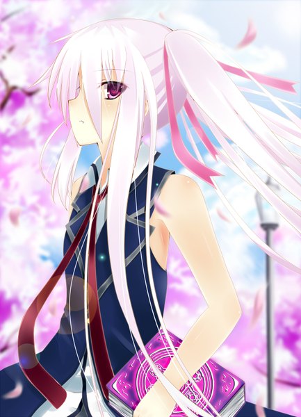 Anime picture 1200x1662 with original akine (kuroyuri) single long hair tall image red eyes twintails white hair profile cherry blossoms girl ribbon (ribbons) hair ribbon petals book (books)