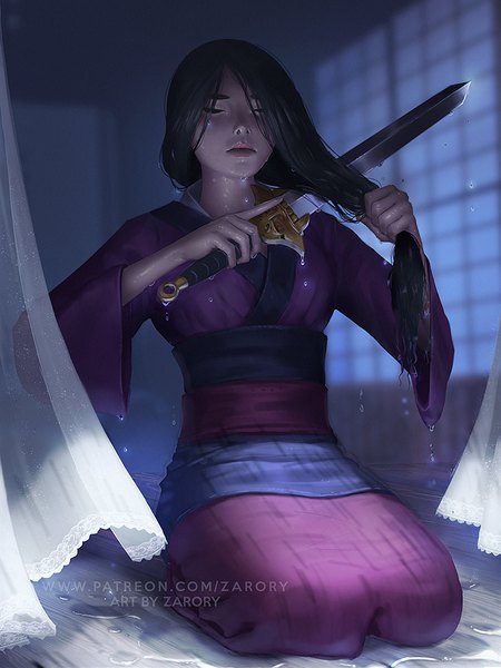 Anime picture 788x1050 with mulan disney hua mulan zarory single long hair tall image black hair sitting holding signed full body indoors eyes closed traditional clothes wind blurry realistic inscription night