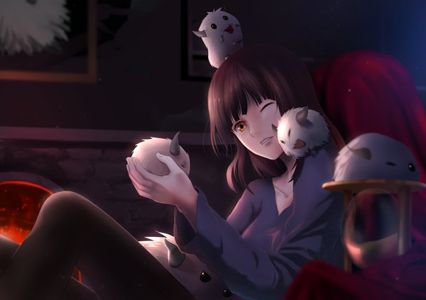 Anime picture 1980x1398 with league of legends poro (league of legends) yukinooto single looking at viewer highres short hair brown hair one eye closed horn (horns) wink black eyes orange eyes girl tongue