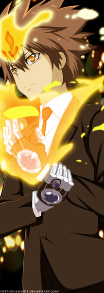 Anime picture 750x2103 with katekyou hitman reborn sawada tsunayoshi gold-mk single tall image short hair brown hair yellow eyes coloring magic boy gloves necktie suit fire